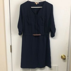 D341 Navy Blue Belted Shirt Dress Size M